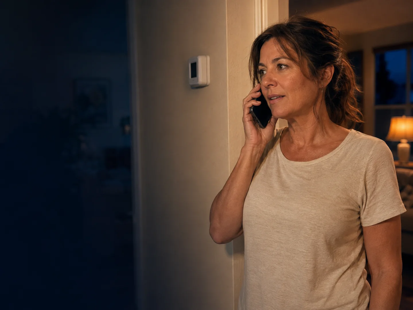 An illustrative homeowner speaking on her phone beside a thermostat after dark.