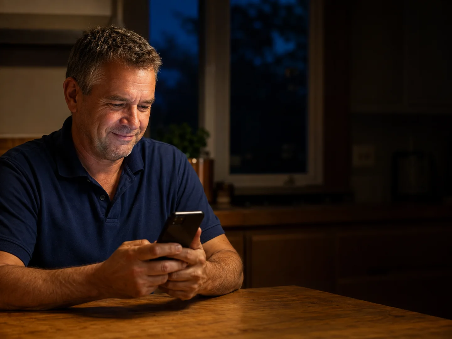 A small HVAC business owner at home, reading a message on his cell phone.